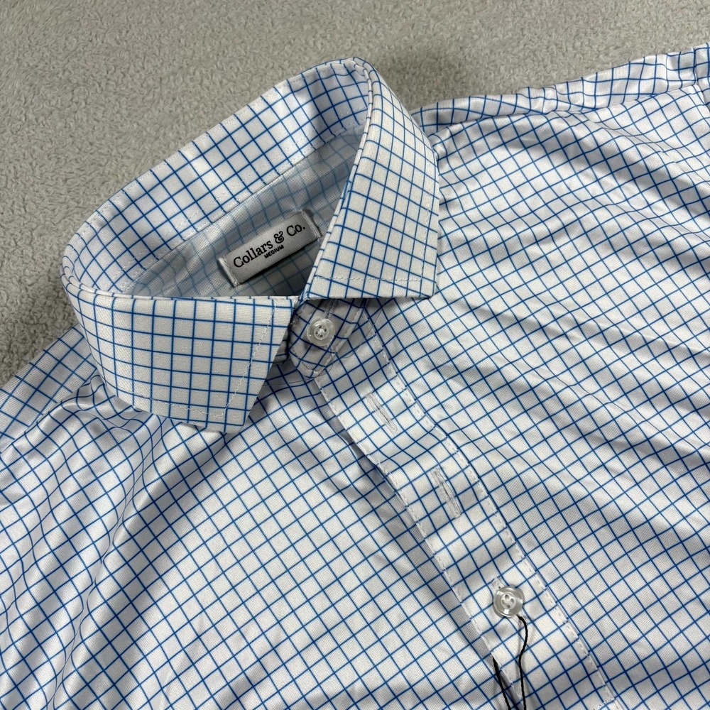Collars & Co. Firm Dress Collar Polo Shirt Men Medium Blue Check 4 Way‎ Stretch